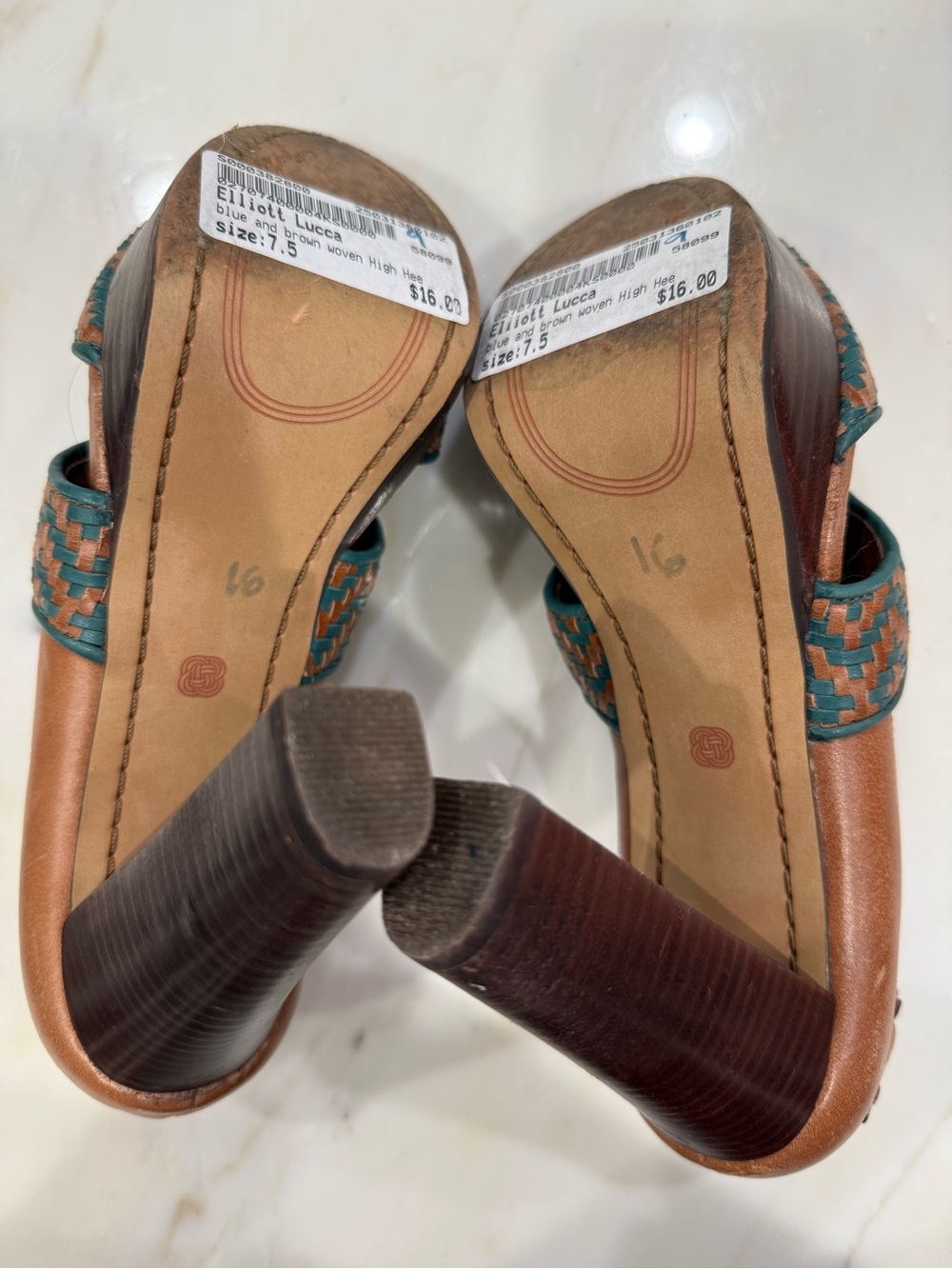 Elliot Lucca Woven Teal and Tan Platform Heels - Picture 6 of 6